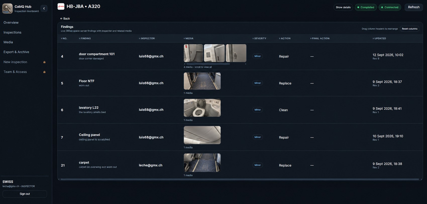 CabIQ Hub finding list with aircraft photos and videos linked to findings